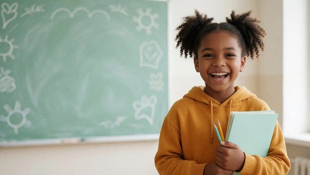 Joyful little schoolgirl holding notebooks and pencils near chalkboard with drawings, cheerful classroom portrait for back to school, education and childhood happiness concepts
