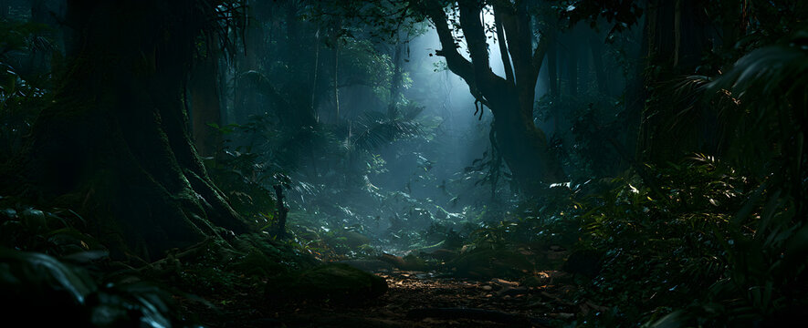 Darkness enveloping deep tropical forest