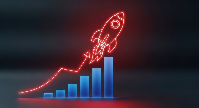 Neon red rocket launching over a blue bar chart representing business growth and success concept