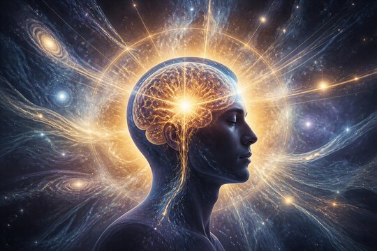 Human profile with illuminated brain and radiant neural energy field