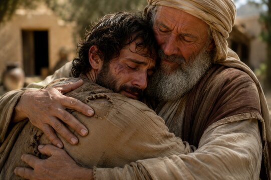 Old man hugging crying man in traditional historical garment. Reunion of father and son. Emotional scene of forgiveness, mercy, support and love. Biblical theme of prodigal son return.