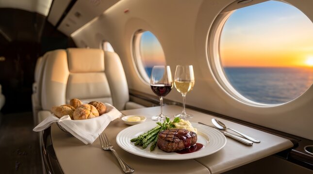 Gourmet steak and asparagus meal served during a luxury private jet flight.