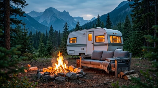 A vintage caravan rests in a mountain forest near a warm campfire.