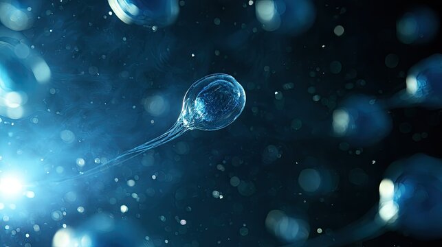 Microscopic view of sperm cells with glowing heads, swimming in blue fluid