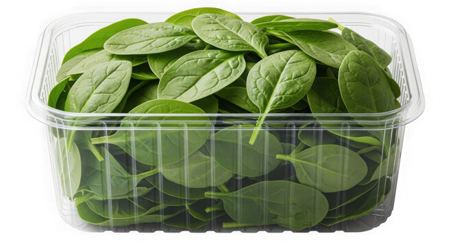 Fresh spinach leaves in clear plastic container. Vibrant green baby leafy greens ready for cooking or salad preparation.