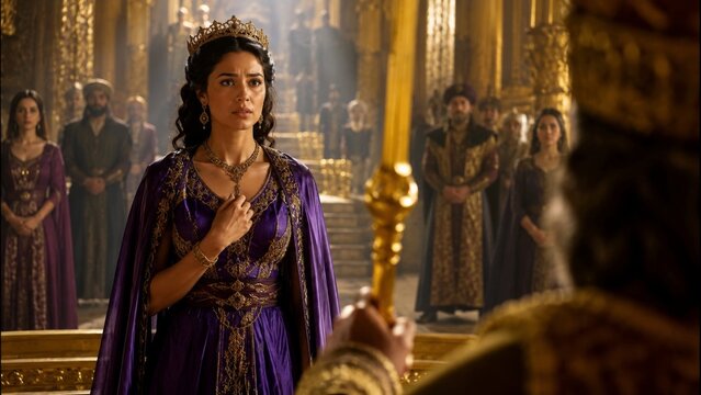 Queen wearing purple gown with gold crown standing in royal court. Young woman in palace hall facing king. Historical drama concept, medieval fantasy setting and imperial power.