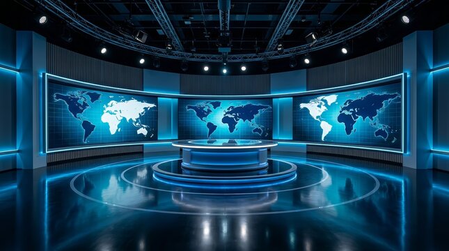Modern news studio featuring large screens with a world map.