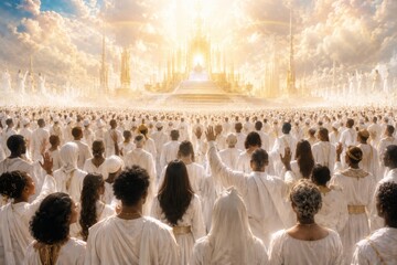 Obraz premium Multitude of man and woman in white clothing gathered before golden city in heaven. Spiritual worship of crowd with hand raised. Biblical scene of divine glory and eternal afterlife.