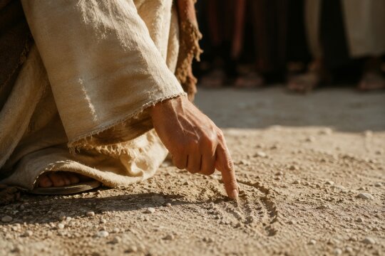 Man wearing robe drawing with finger in desert sand. Biblical scene depicting Jesus writing on ground. Spiritual historical reenactment of ancient times. Religious faith and teaching.