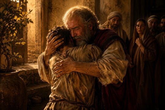 Father hugging his son in a biblical scene. Returning prodigal man embraced by his parent. Religious parable of forgiveness and unconditional love. Historical ancient cultural heritage.