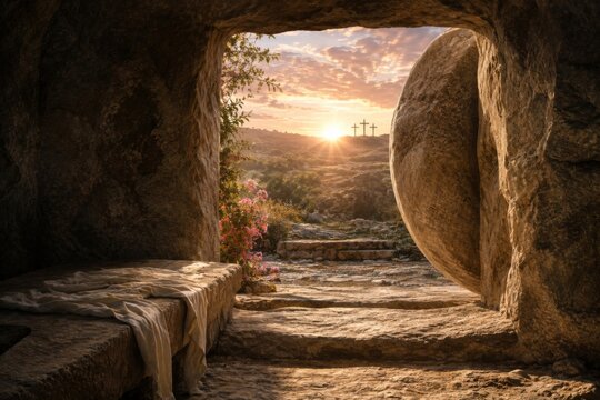 Empty tomb of Jesus Christ with stone rolled away at sunrise. Resurrection of Jesus in Jerusalem. Cross on Calvary hill in background. Christian Easter concept for religious holiday.