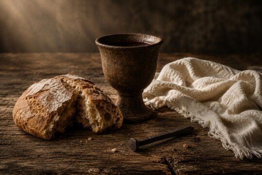 Communion bread and wine chalice on wooden table with iron nail. Christian eucharist symbols for holy week or Easter celebration. Traditional religious sacrament and sacrifice concept.