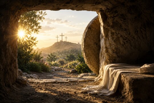 Empty tomb of Jesus Christ with stone rolled away at sunrise. Three crosses on Calvary hill in background. Religious Easter scene representing resurrection and hope for Christianity.
