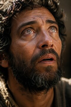 Man with beard looking up with hopeful expression. Emotional portrait of Middle Eastern man in historical costume. Concept of faith, prayer, spirituality and religious devotion.