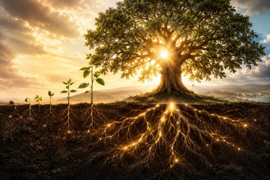 Evolution of tree from sprout to giant oak. Plant growth stages with illuminated root system in soil cross section. Concept of development, success, nature, and life cycle progression.