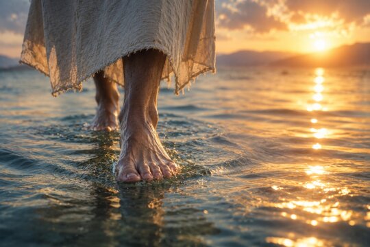 Man walking on water surface during sunrise. Biblical figure moving across sea waves. Concept of miracle, faith, religion, divinity, spiritual journey and peace in warm golden light.