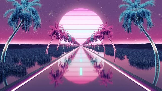 Synthwave Outrun Neon Highway Loop Palm Trees Deep Magenta Cyan Sunset 4K