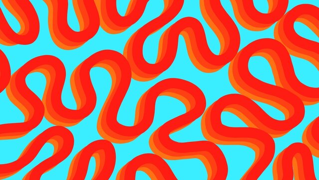 Colorful Groovy Psychedelic Wave Vector Illustration, Abstract wavy fluid organic ribbon lines in vibrant orange and red tones on a bright blue backdrop.