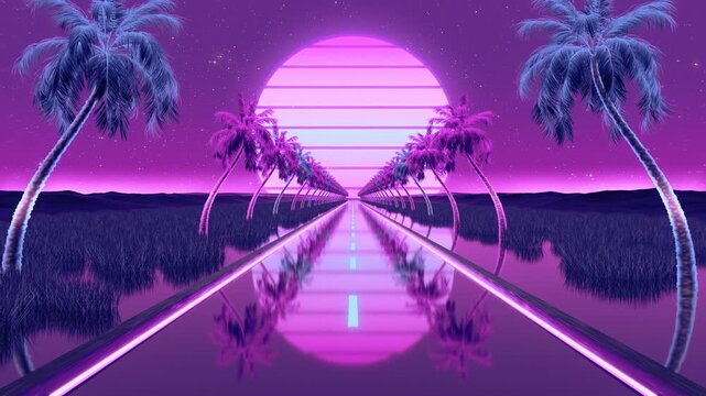 Synthwave Outrun Neon Highway Loop Palm Trees Purple Magenta Cyan 4K