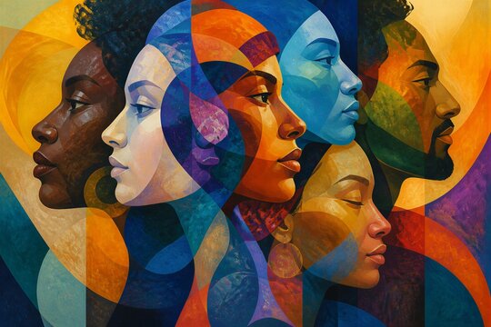 Multiple faces overlapping in colorful abstract composition