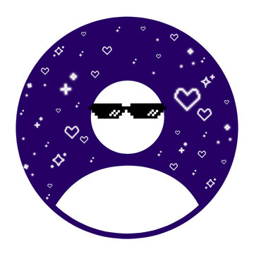 Cool anonymous gamer avatar or default profile picture placeholder icon with pixel sunglasses & starry heart background for app interfaces, forum mockups, social media account branding.