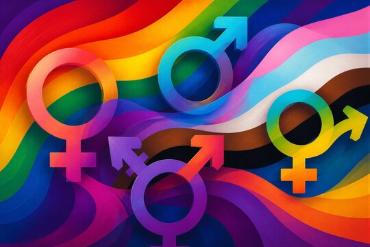 Gender symbols floating over colorful wavy background
