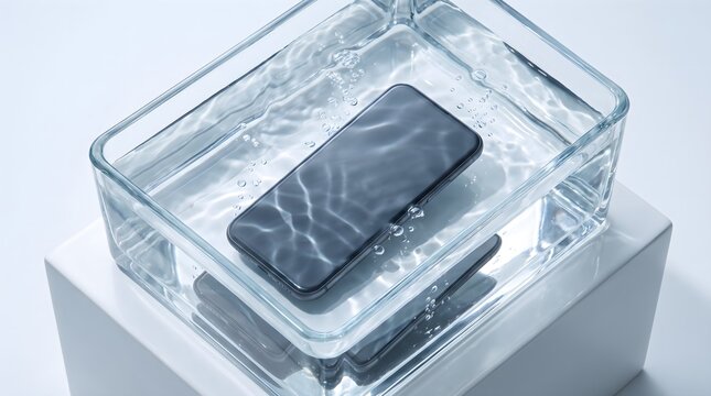Modern smartphone submerged in a glass container of clear water demonstrating waterproof technology