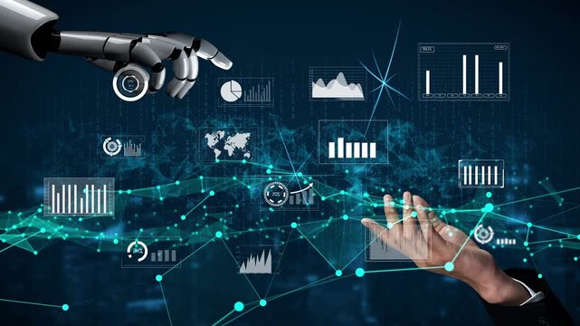 A captivating image showcasing the interaction between a robotic arm and a human hand, set against a backdrop of digital data and analytics, symbolizing innovation and future technology. Xenic