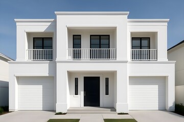Fototapeta premium Modern White Two-Story House With Double Garage, Balcony and Minimal Facade for Real Estate