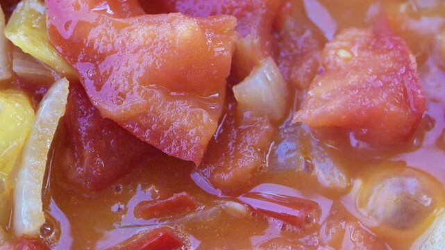 Extreme Macro Close Up of Vegetable Stew Simmering and Bubbling