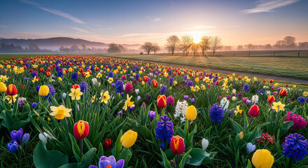 Obraz premium Colorful Tulip Field in Spring with Pink, Red, Purple, and Yellow Flowers Under a Beautiful Blue Sky