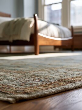 Vintage woven rug in sunlit bedroom with wooden bed and natural morning light