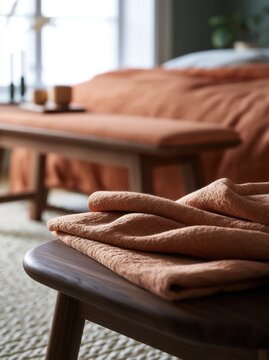 Folded linen throw on wooden stool in cozy bedroom with soft natural light