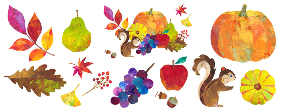 秋の紅葉した落ち葉や木の実と、収穫したカボチャや果物とリスで構成した、かわいい感謝祭のクリップアート。構成要素のセット。カラフルなペインティングテクスチャのイラスト。
