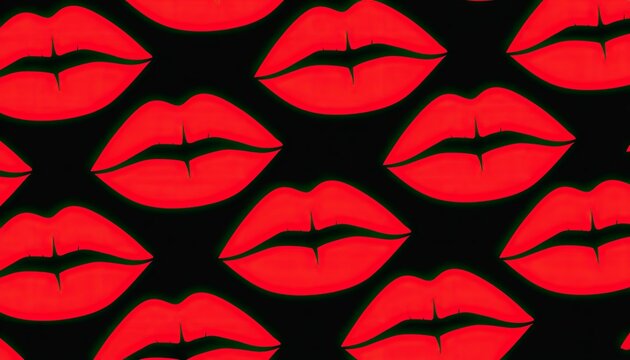 Repeating pattern of bright red lips with dark shadows and outlines