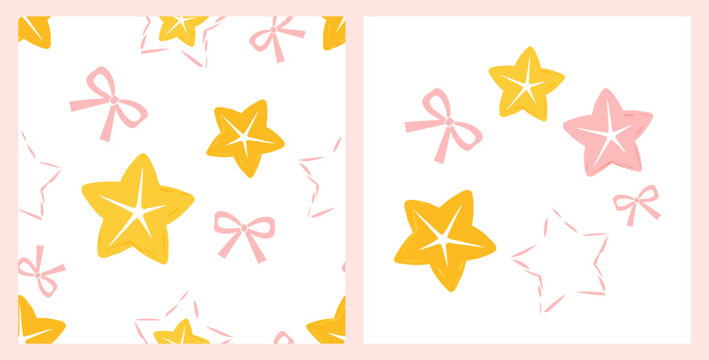 Cute seamless star fruit pattern featuring sliced carambola shapes and ribbon bows in cheerful yellow and pink flat vector style for fabric, wrapping paper and textile design.