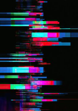 Abstract digital distortion with vibrant horizontal color bands on black