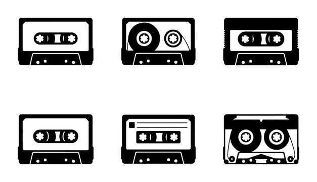 70 Retro Cassette Tape Icons, Vintage Audio Cartridge Set, 6 Music Storage Vector Graphics, Nostalgic Sound Recording Elements 100