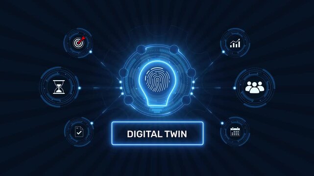 Digital twin virtual simulation and IoT physical system modeling graphic loop with glowing biometric fingerprint icon on dark technology background