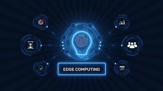 Edge computing network data processing and IoT infrastructure graphic loop with glowing biometric fingerprint icon on dark technology background asset