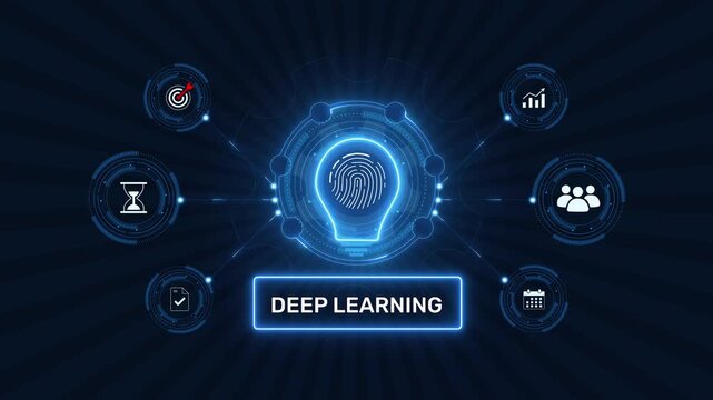 Deep learning artificial intelligence and neural network algorithm graphic loop with glowing biometric fingerprint icon on dark technology background asset