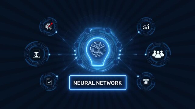 Neural network artificial intelligence and machine learning data processing graphic loop with glowing biometric fingerprint icon on dark background asset