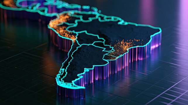 Glowing map outline of South America with city lights and circuit board patterns