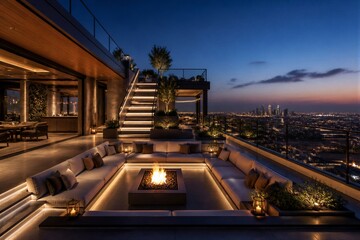 Fototapeta premium Rooftop lounge seating recessed around fire pit at dusk