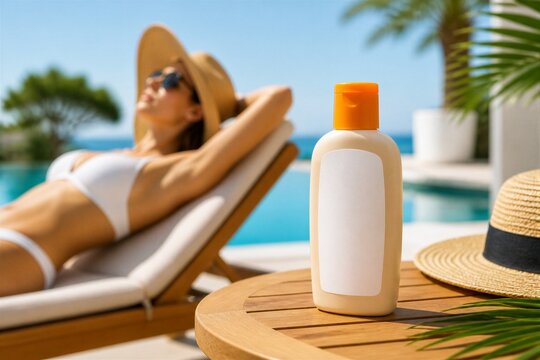 Sunscreen bottle standing with woman sunbathing by pool