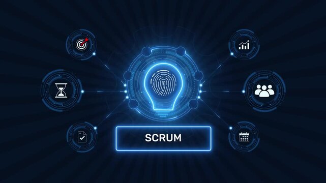 Scrum framework agile software development and team sprint management graphic loop with glowing biometric fingerprint icon on dark background asset
