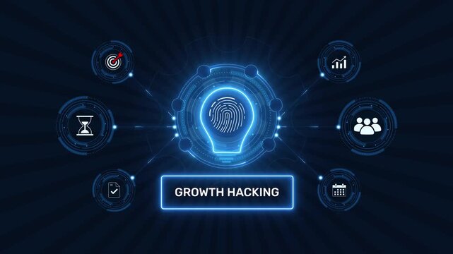 Growth hacking marketing strategy and business user acquisition concept graphic loop with glowing biometric fingerprint icon on dark background