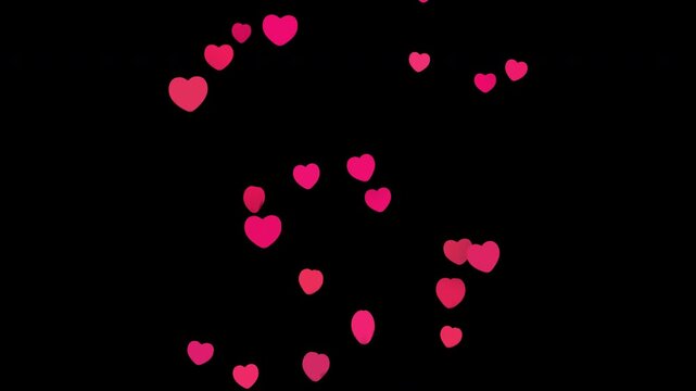 Multiple red and pink hearts floating upward on a transparent background, clean seamless loop with alpha channel for social media like and love reaction overlays