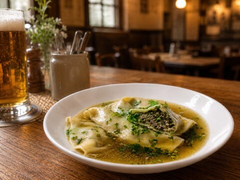 Maultaschen in klarer Br&uuml;he mit frischen Kr&auml;utern auf wei&szlig;em Teller im traditionellen Restaurant. Herzhafte deutsche K&uuml;che und klassische Schw&auml;bische Spezialit&auml;t.