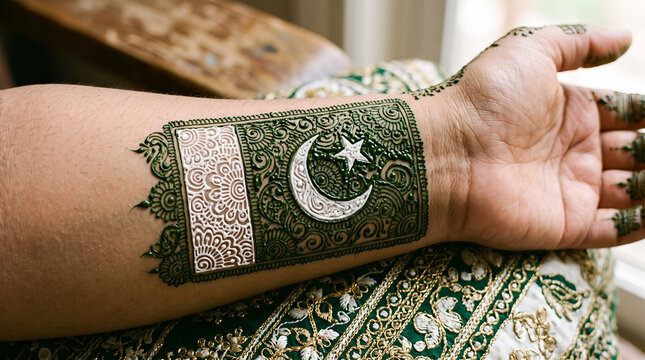 Pakistan flag henna design on woman arm for Independence Day celebration